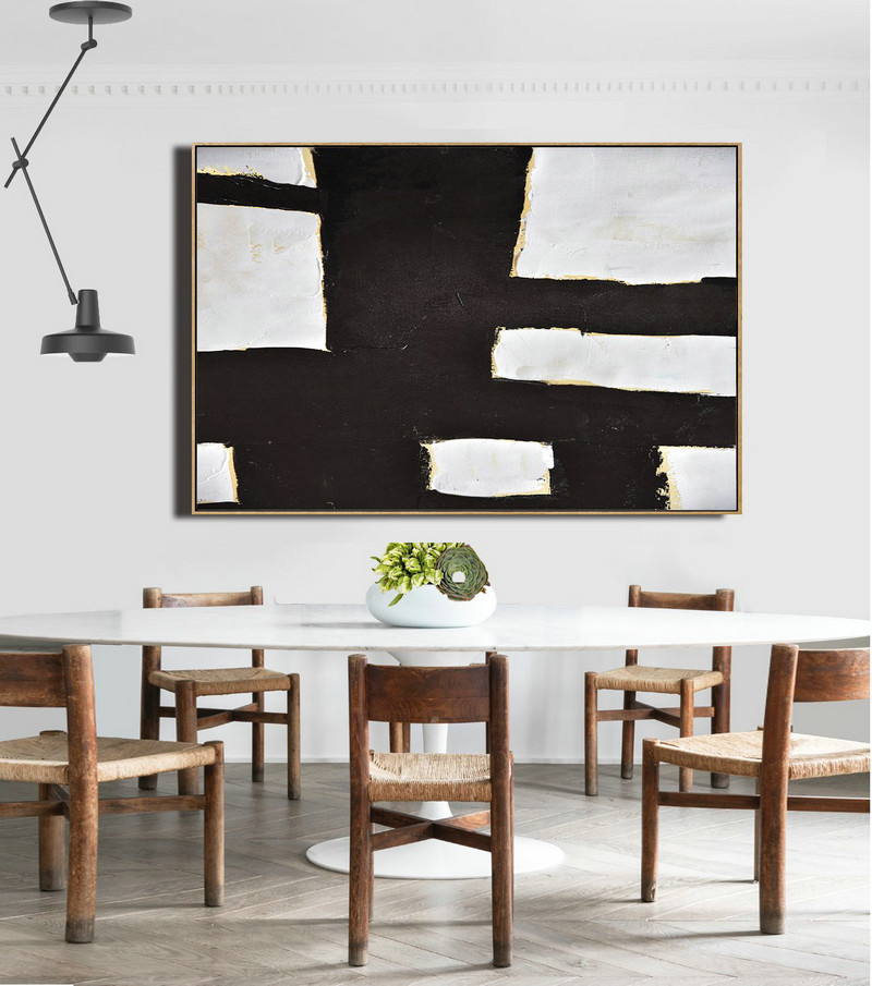 Modern Art Abstract Painting,Horizontal Palette Knife Minimal Canvas Art Painting Black White Beige - Large Living Room Decor